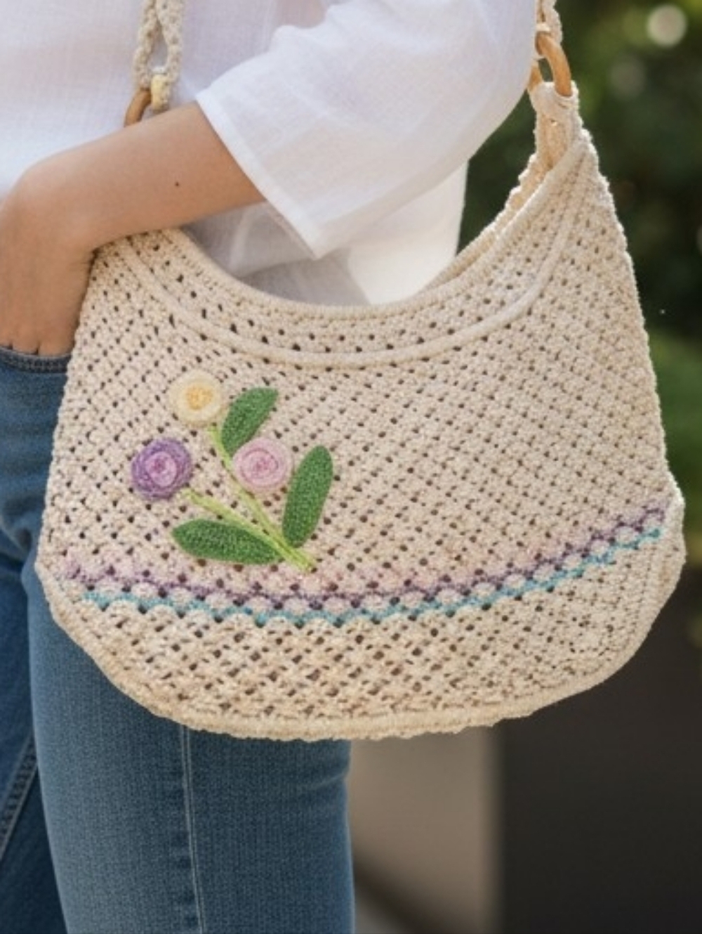 Woven Floral Crochet Shoulder Bag - Crochet tote bag with embroidered flower